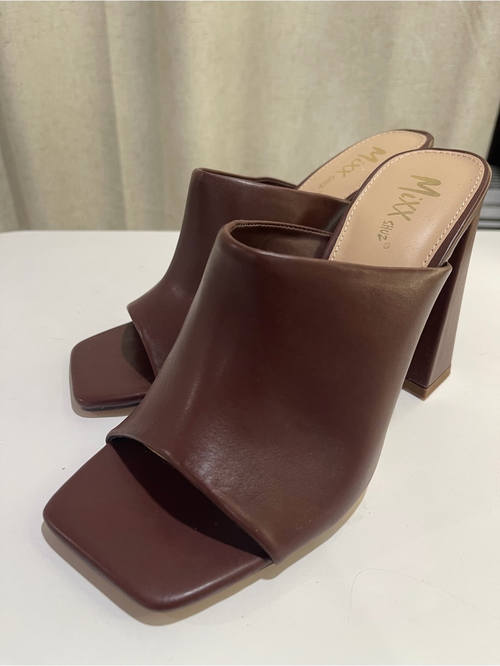 Mix No. 6 Dark Brown Square-Toe Leather Mule Heels